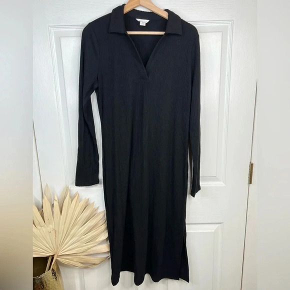Caslon Women's Black Ribbed Polo Collar Dress Size M Long Sleeve Knee Length - Picture 2 of 7